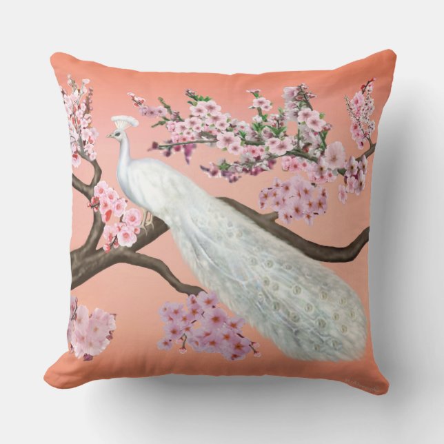 Cherry Blossom Peacock Throw Pillow (Front)