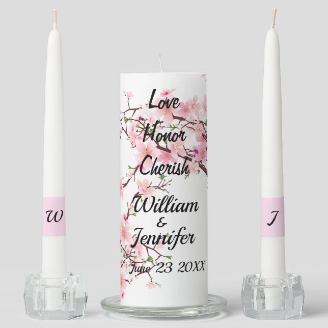 Cherry Blossom Personalize Monogram Custom Wedding Unity Candle Set (Front)