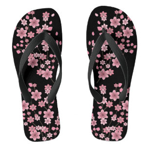 Cherry Blossom Petals Trees Pink Black Flip Flops