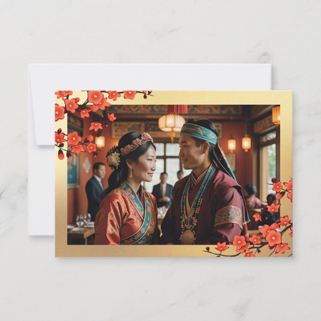 Cherry Blossom Photo Tibetan Wedding Thank You Card (Front)