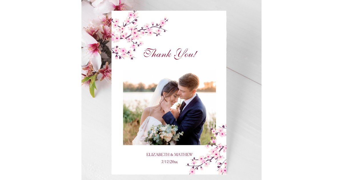 Cherry Blossom Photo Wedding Thank You Card | Zazzle