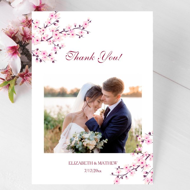 Cherry Blossom Photo Wedding Thank You Card (Creator Uploaded)