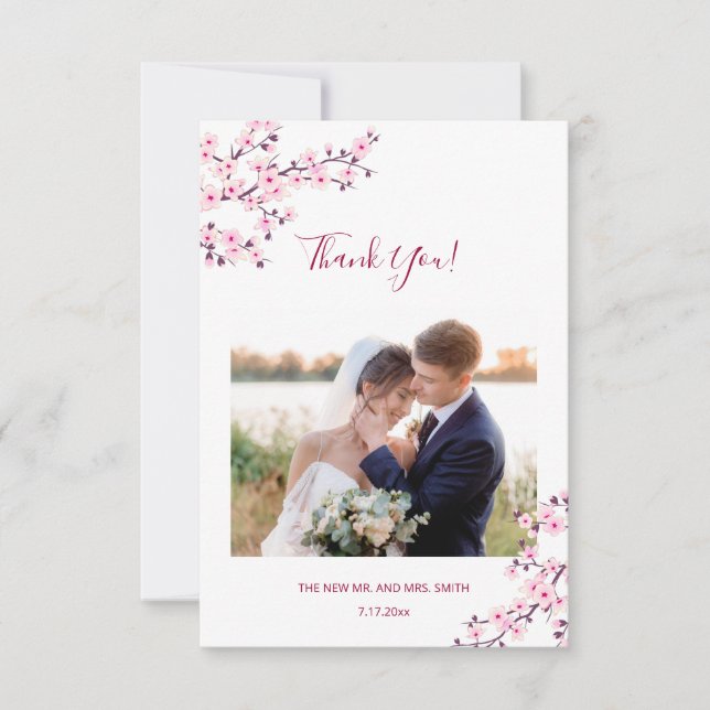 Cherry Blossom Photo Wedding Thank You Card (Front)