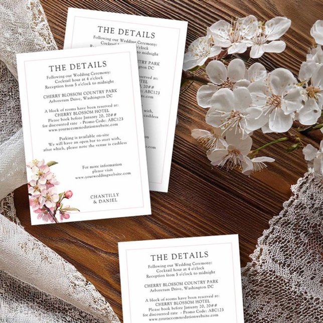 Cherry Blossom Pink and White Wedding Details Enclosure Card (Wedding Details insert card from the Cherry Blossom Wedding Collection by Darling & May)