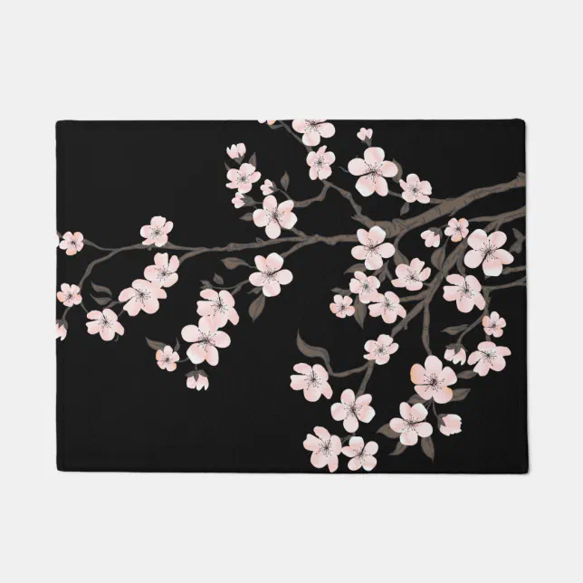 Black Pink Rose Flower Print Door Mat