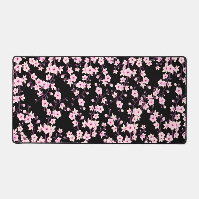 Cherry Blossom Pink Black Floral Desk Mat (Front)