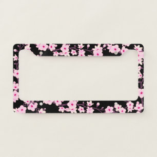 Cherry Blossom Pink Black Floral License Plate Frame