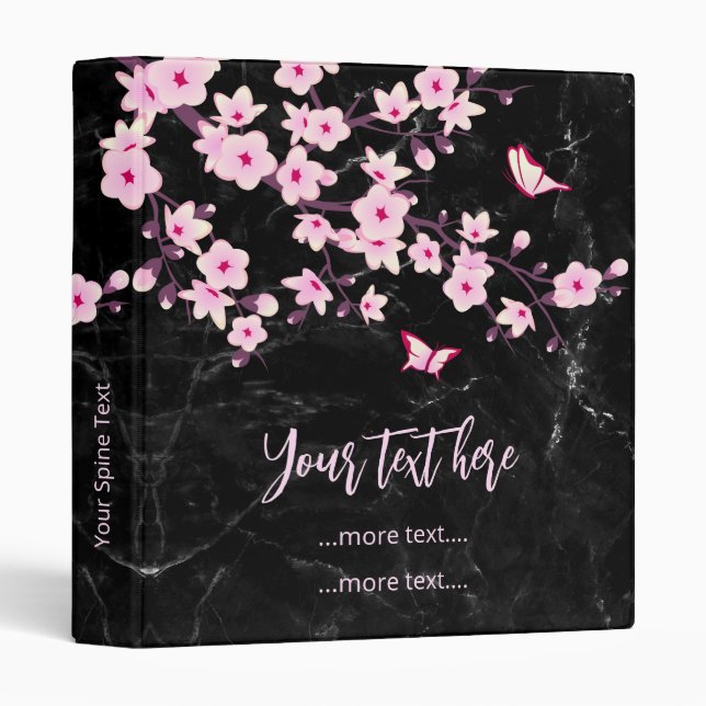  Cherry Blossom Pink Black Marble Custom 3 Ring Binder (Front/Spine)
