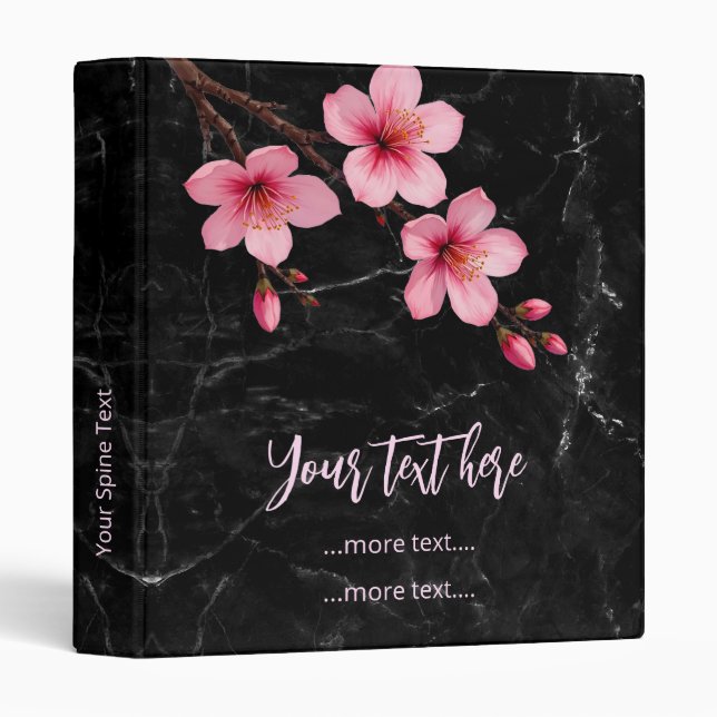  Cherry Blossom Pink Black Marble Custom 3 Ring Binder (Front/Spine)