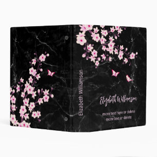 Cherry Blossom Pink Black Marble Custom Floral Mini Binder