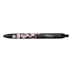 Cherry Blossom Pink Black Marble Monogram Pen