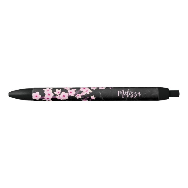 Cherry Blossom Pink Black Marble Monogram Pen (Front)