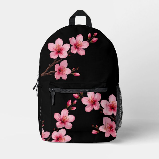 Cherry Blossom Pink Black Monogram Printed Backpack (Front)