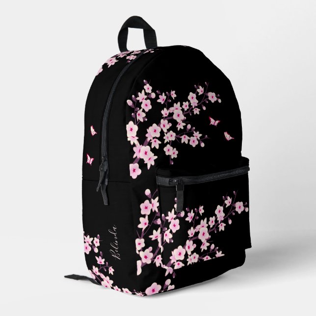 Cherry Blossom Pink Black Monogram Printed Backpack (Back Corner Left)