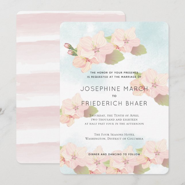 Cherry Blossom Pink Blue Watercolor Invitation (Front/Back)