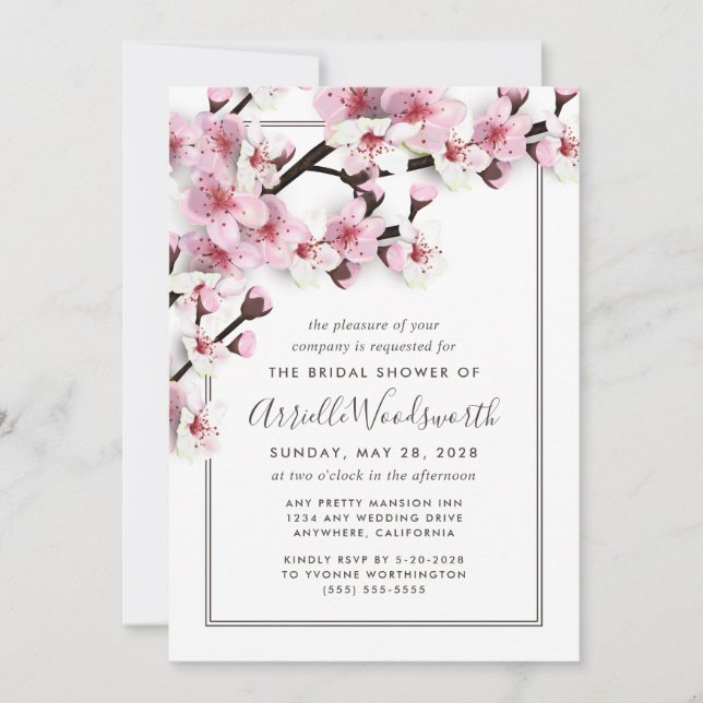 Cherry Blossom Pink Bridal Shower Invitations (Front)