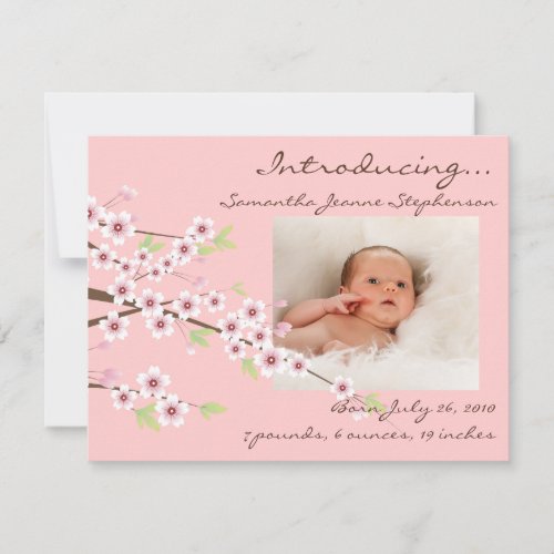 Cherry Blossom Pink &amp; Brown Baby Girl Photo Birth Personalized Invites