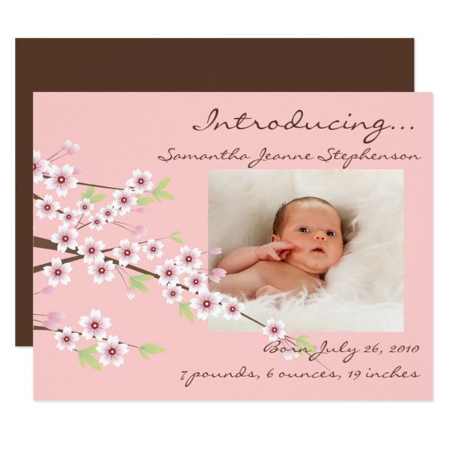 Cherry Blossom Pink & Brown Baby Girl Photo Birth Card