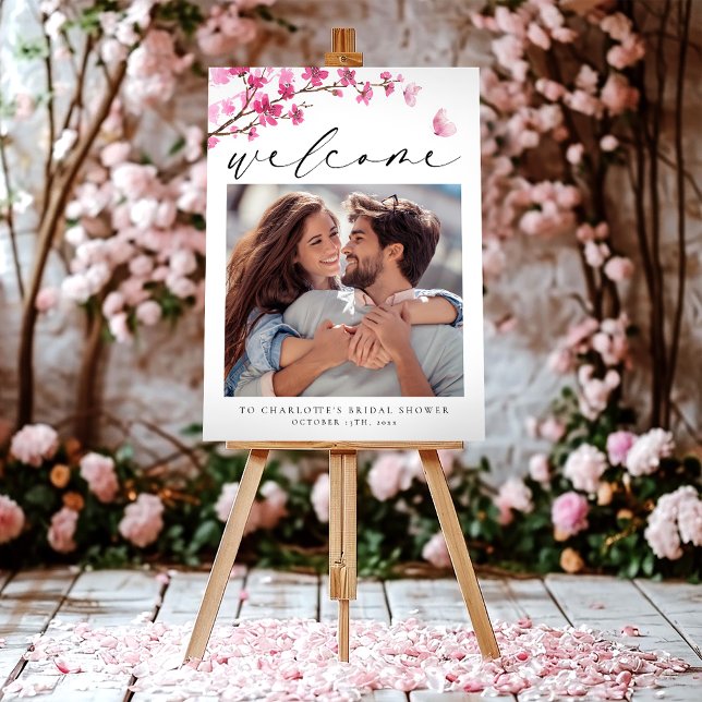 Cherry Blossom Pink Butterfly Photo Welcome Sign (Creator Uploaded)
