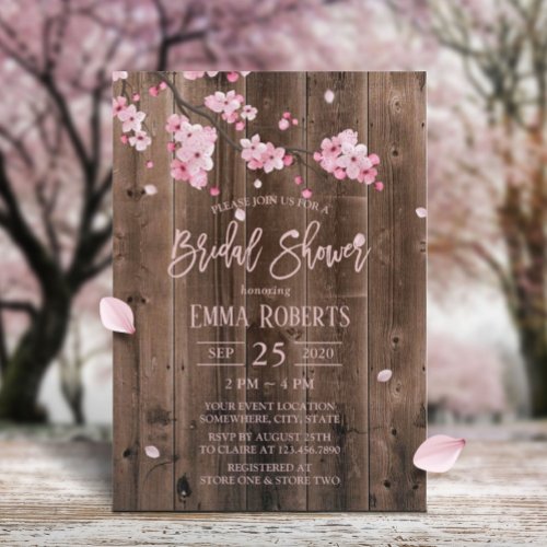 Cherry Blossom Pink Floral Barn Wood Bridal Shower Invitation