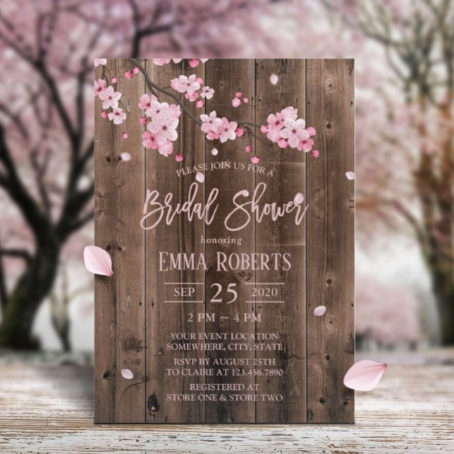Cherry Blossom Pink Floral Barn Wood Bridal Shower Invitation (Creator Uploaded)