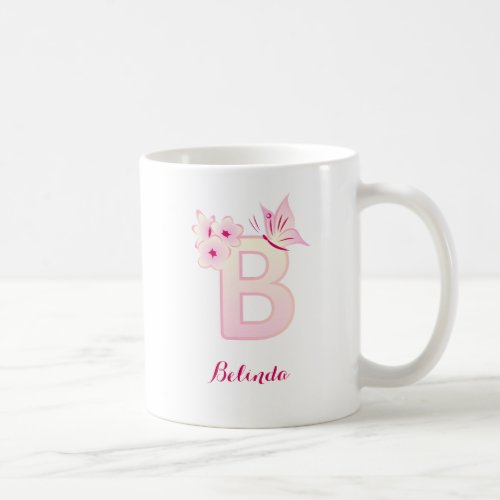 Cherry Blossom  Pink Floral Initial  Monogram Coff Coffee Mug