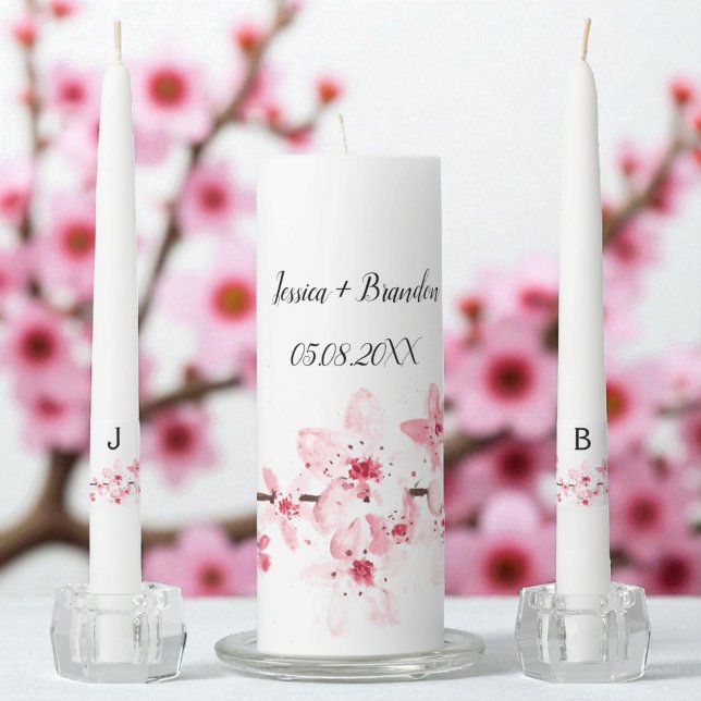 Cherry Blossom Pink Floral Monogram Wedding Unity Candle Set (Creator Uploaded)