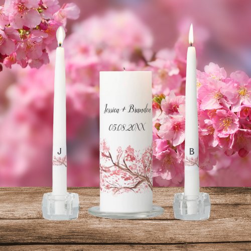Cherry Blossom Pink Floral Monogram Wedding Unity Candle Set