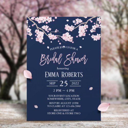 Cherry Blossom Pink Floral Navy Bridal Shower Invitation