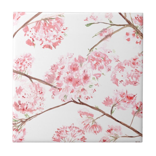 Cherry blossom pink floral rustic elegant Pretty Tile (Front)