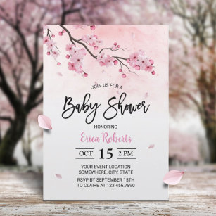 Cherry Blossom Pink Floral Watercolor Baby Shower Invitation
