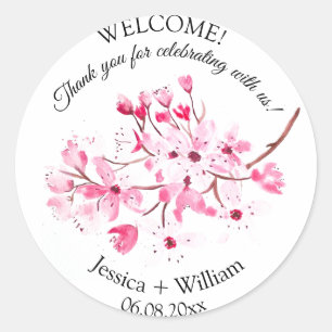 Cherry Blossom Pink Floral Watercolor Wedding Classic Round Sticker