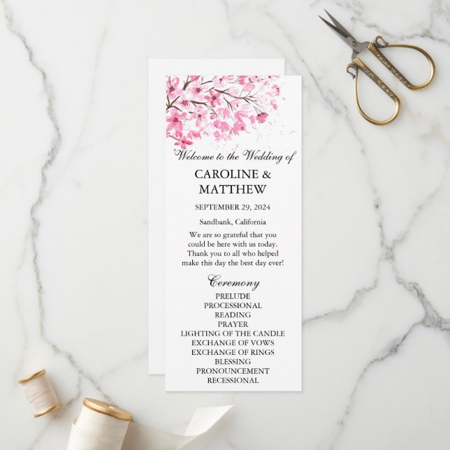 Cherry Blossom Pink Floral Watercolor Wedding  Program (Front/Back In Situ)