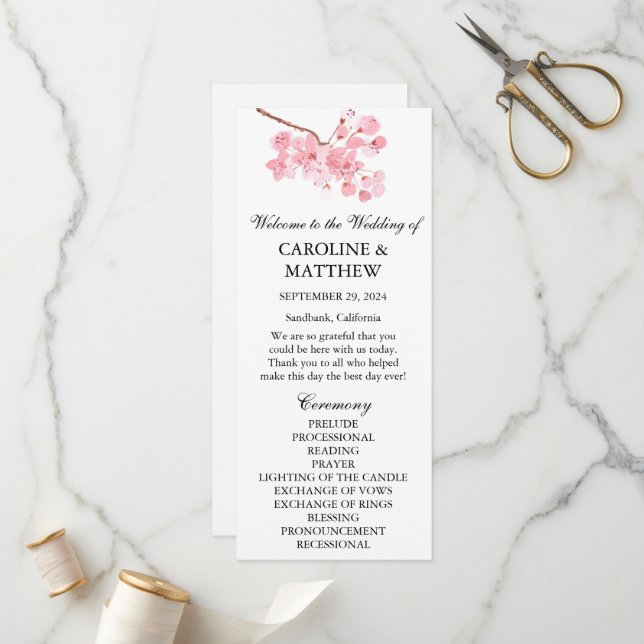 Cherry Blossom Pink Floral Watercolor Wedding  Program (Front/Back In Situ)
