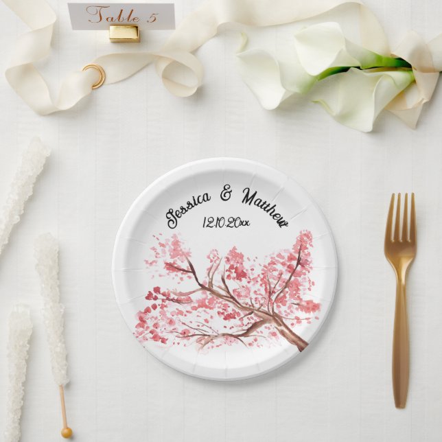Cherry Blossom Pink floral Watercolor Weddings Paper Plates (Wedding)