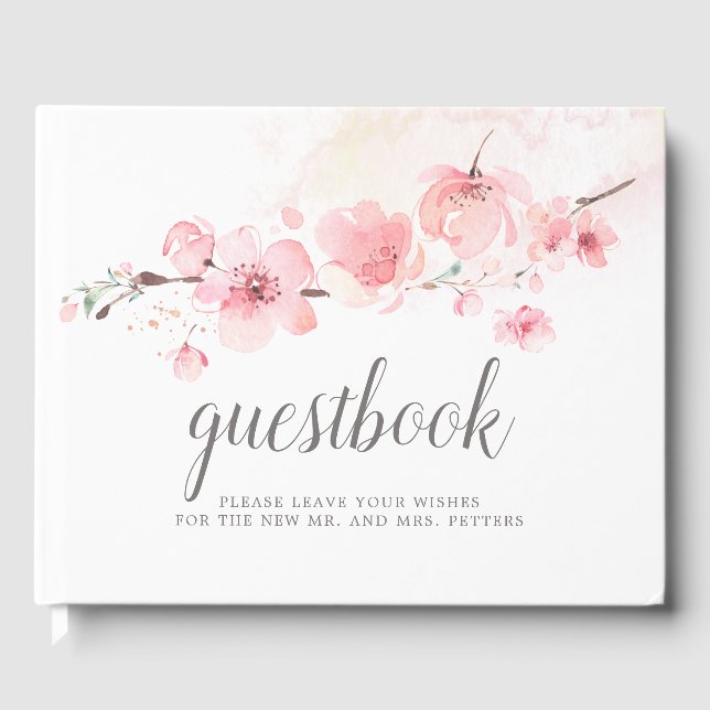 Cherry Blossom Pink Floral Wedding Guest Book (Front)