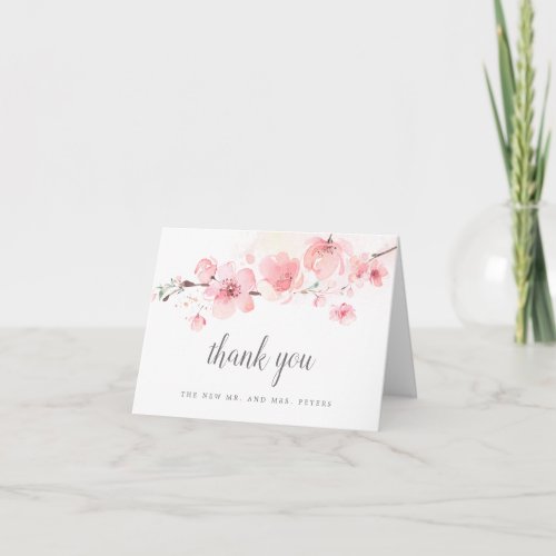 Cherry Blossom Pink Floral Wedding Photo Thank You Card