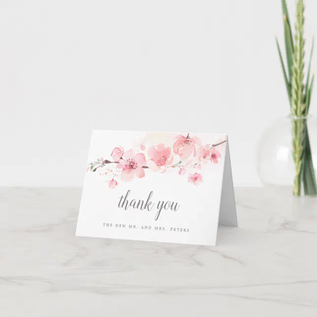 Cherry Blossom Pink Floral Wedding Photo Thank You Card | Zazzle