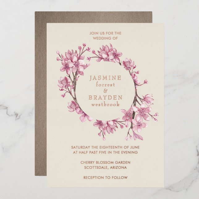 Cherry Blossom Pink Floral Wedding Rose Gold Foil Invitation (Front/Back)