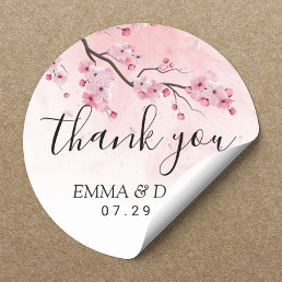 Cherry Blossom Pink Floral Wedding Thank You Classic Round Sticker
