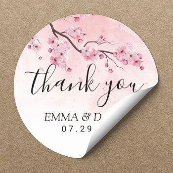 Cherry Blossom Pink Floral Wedding Thank You Classic Round Sticker by myinvitation at Zazzle