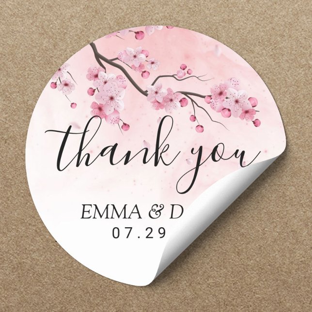 Cherry Blossom Pink Floral Wedding Thank You Classic Round Sticker (Creator Uploaded)