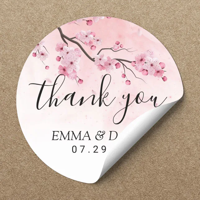 Cherry Blossom Pink Floral Wedding Thank You Classic Round Sticker | Zazzle