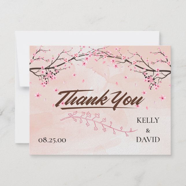 Cherry Blossom Pink Floral Wedding Thank You Postc RSVP Card (Front)