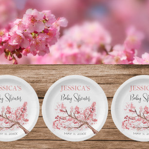 Cherry Blossom Pink Flowers Baby Shower Girl Paper Plates