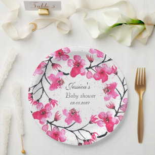 Cherry Blossom Pink Flowers Baby Shower Girl Paper Plates