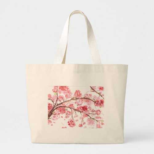 Cherry blossom pink flowers floral Watercolor  Large Tote Bag