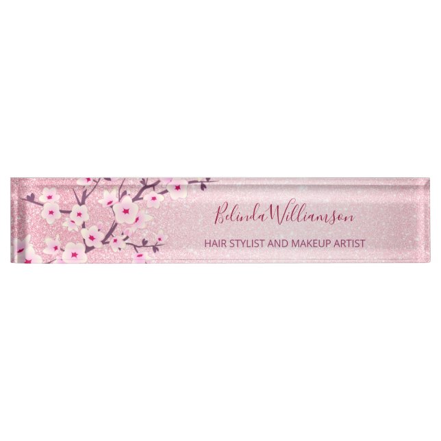 Cherry Blossom Pink Glitter Hair And Makeup  Desk Name Plate (Front)
