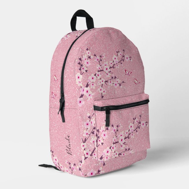 Cherry Blossom Pink Glitter Printed Backpack (Back Corner Left)
