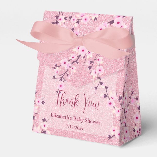 Cherry Blossom Pink Glitter Thank You Baby Shower  Favor Boxes (Front Side)